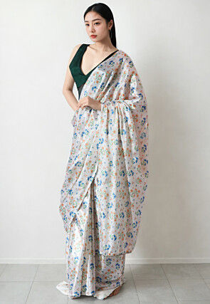 Pre Stitched Chinon Chiffon Saree in Off White