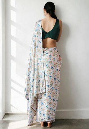 Pre Stitched Chinon Chiffon Saree in Off White