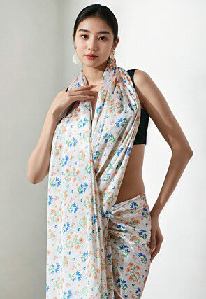 Pre Stitched Chinon Chiffon Saree in Off White