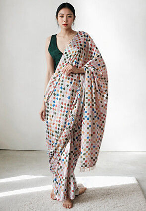 Pre Stitched Chinon Chiffon Saree in Off White