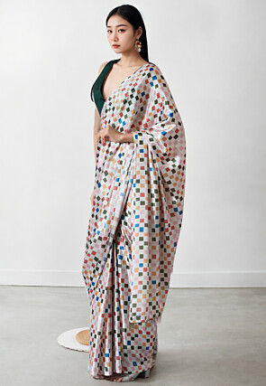 Pre Stitched Chinon Chiffon Saree in Off White