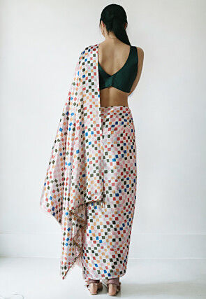 Pre Stitched Chinon Chiffon Saree in Off White