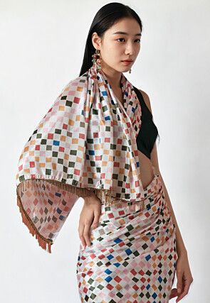 Pre Stitched Chinon Chiffon Saree in Off White