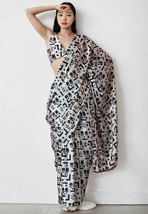 Pre Stitched Chinon Chiffon Saree in Off White