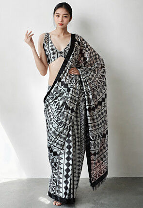 Pre Stitched Chinon Chiffon Saree in Off White