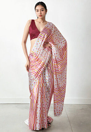 Pre Stitched Chinon Chiffon Saree in Off White