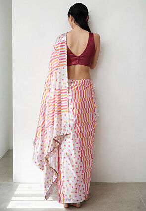 Pre Stitched Chinon Chiffon Saree in Off White