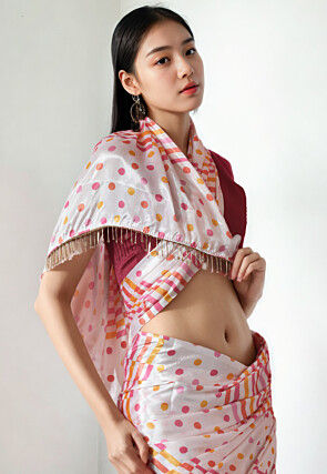 Pre Stitched Chinon Chiffon Saree in Off White