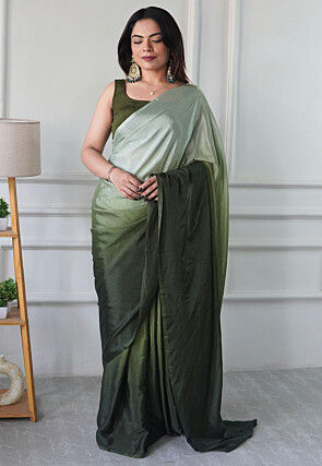 Pre Stitched Chinon Chiffon Saree in Olive Green Ombre