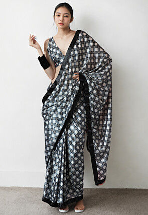 Pre Stitched Chinon Chiffon Saree in White and Grey
