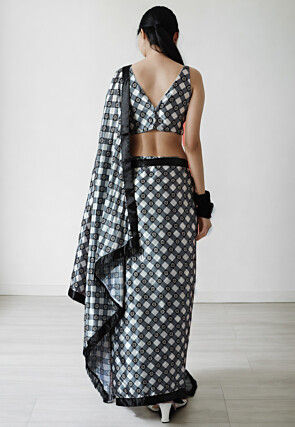 Pre Stitched Chinon Chiffon Saree in White and Grey