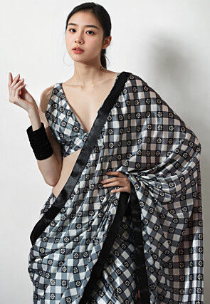 Pre Stitched Chinon Chiffon Saree in White and Grey