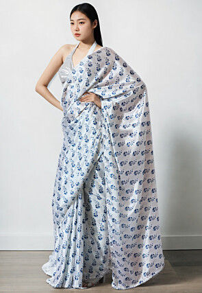 Pre Stitched Chinon Chiffon Saree in White