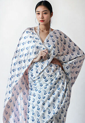 Pre Stitched Chinon Chiffon Saree in White