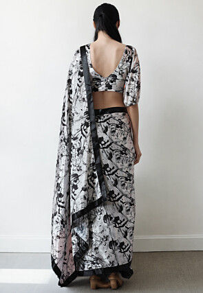 Pre Stitched Chinon Chiffon Saree in White