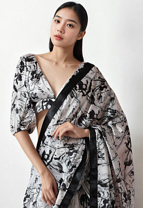 Pre Stitched Chinon Chiffon Saree in White