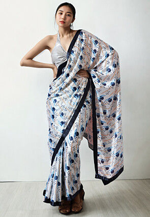Pre Stitched Chinon Chiffon Saree in White
