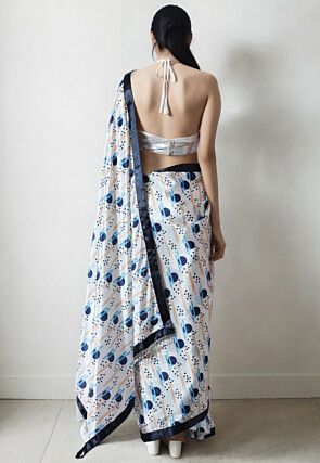 Pre Stitched Chinon Chiffon Saree in White