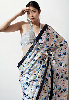 Pre Stitched Chinon Chiffon Saree in White