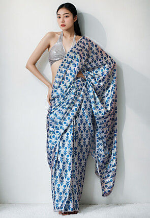 Pre Stitched Chinon Chiffon Saree in White