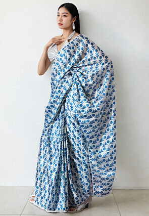 Pre Stitched Chinon Chiffon Saree in White