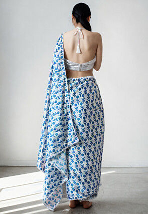 Pre Stitched Chinon Chiffon Saree in White