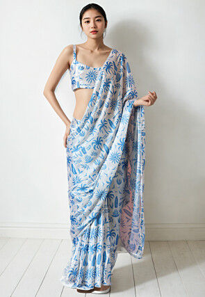Pre Stitched Chinon Chiffon Saree in White