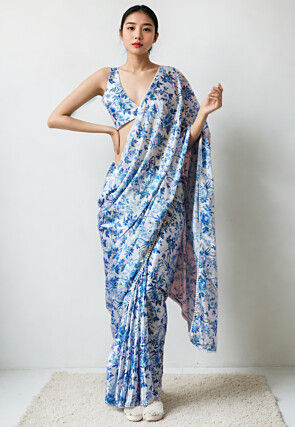 Pre Stitched Chinon Chiffon Saree in White