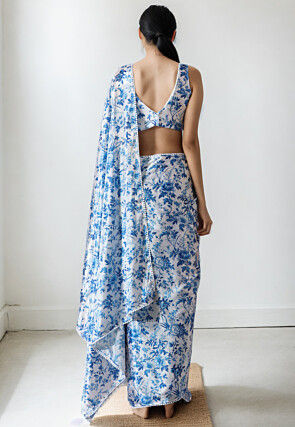 Pre Stitched Chinon Chiffon Saree in White