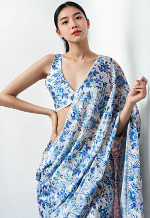 Pre Stitched Chinon Chiffon Saree in White