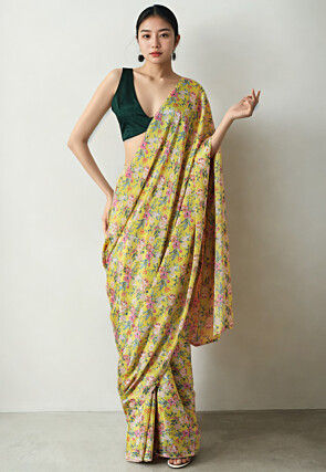Pre Stitched Chinon Chiffon Saree in Yellow