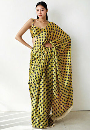 Pre Stitched Chinon Chiffon Saree in Yellow