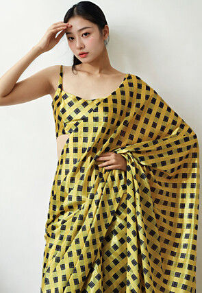 Pre Stitched Chinon Chiffon Saree in Yellow