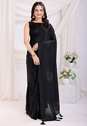 Pre Stitched Chinon Silk Saree in Black
