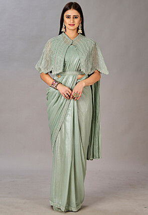 Pre Stitched Chinon Silk Saree in Dusty Green