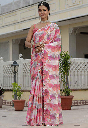 Pre Stitched Chinon Silk Scalloped Saree in Multicolor