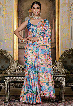 Pre Stitched Chinon Silk Scalloped Saree in Multicolor