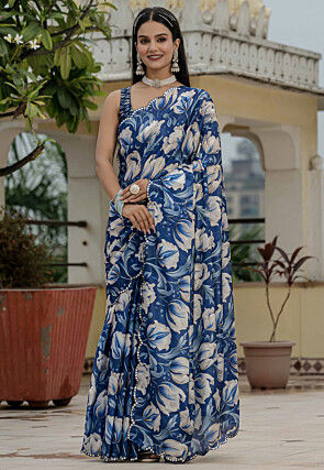 Pre Stitched Chinon Silk Scalloped Saree in Navy Blue
