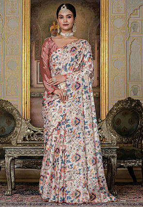 Pre Stitched Chinon Silk Scalloped Saree in Off White