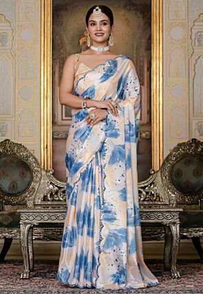 Pre Stitched Chinon Silk Scalloped Saree in Off White