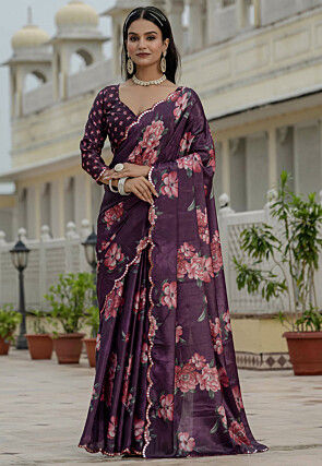 Pre Stitched Chinon Silk Scalloped Saree in Purple