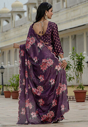 Pre Stitched Chinon Silk Scalloped Saree in Purple