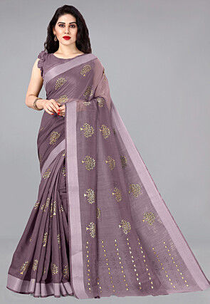 Pre Stitched Cotton Slub Saree in Purple