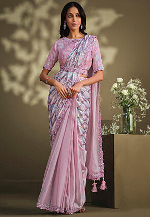 Pre Stitched Crepe Saree in Baby Pink