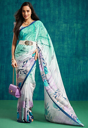 Pre-Stitched Crepe Saree in Green and Purple