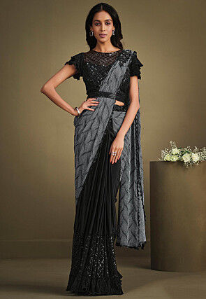 Pre Stitched Crepe Saree in Grey and Black