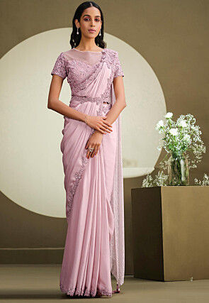 Pre Stitched Crepe Scalloped Saree in Pink