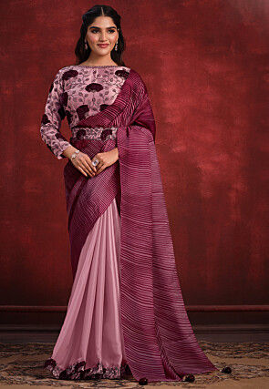Pre Stitched Crepe Silk Accordian Saree in Peach and Magenta