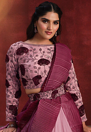 Pre Stitched Crepe Silk Accordian Saree in Peach and Magenta