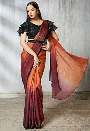 Pre Stitched Art Silk Saree in Shaded Orange and Maroon